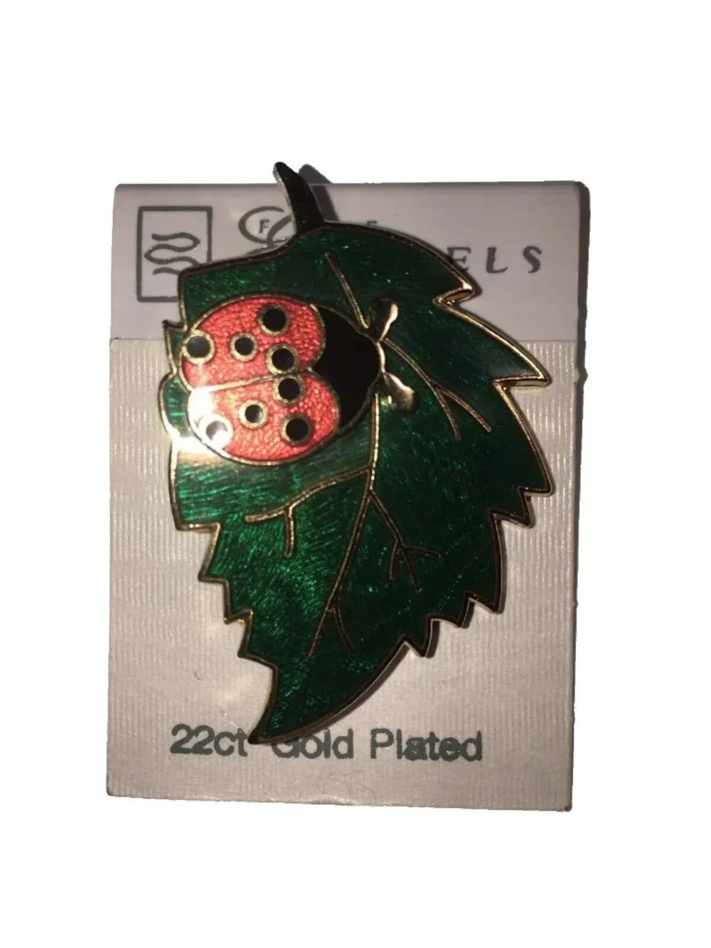 Fine Enamels Red Ladybug On Green Leaf 22k Gold Plated Brooch Pin